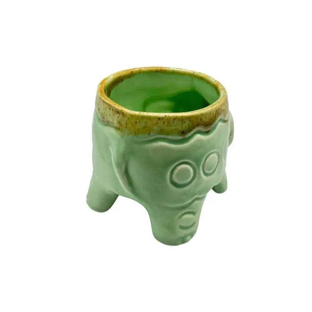Elephant Planter Miniature Pot Green Trunk Up Succulent Holder Ceramic Retro
